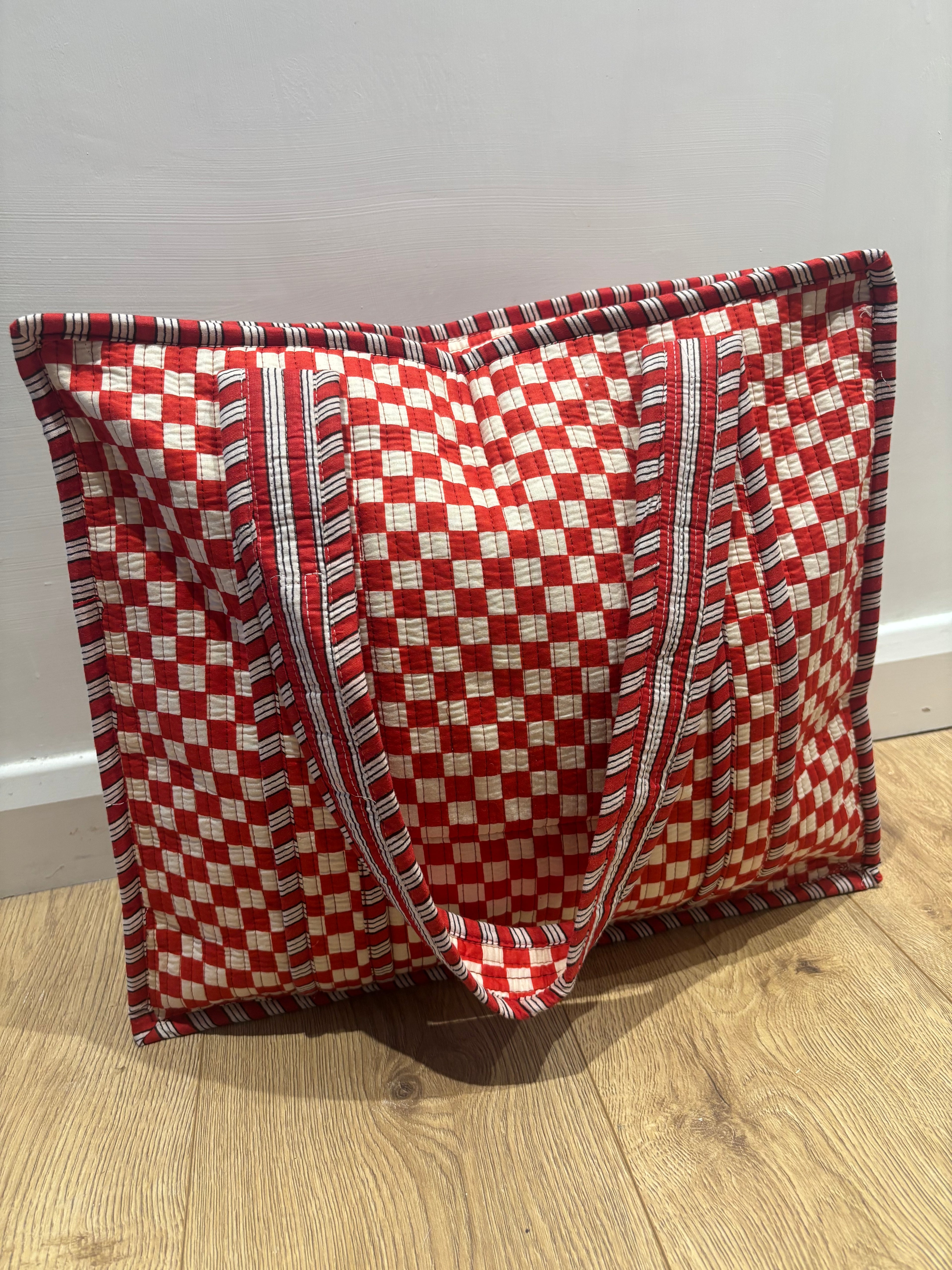 Red and white gingham large tote bag