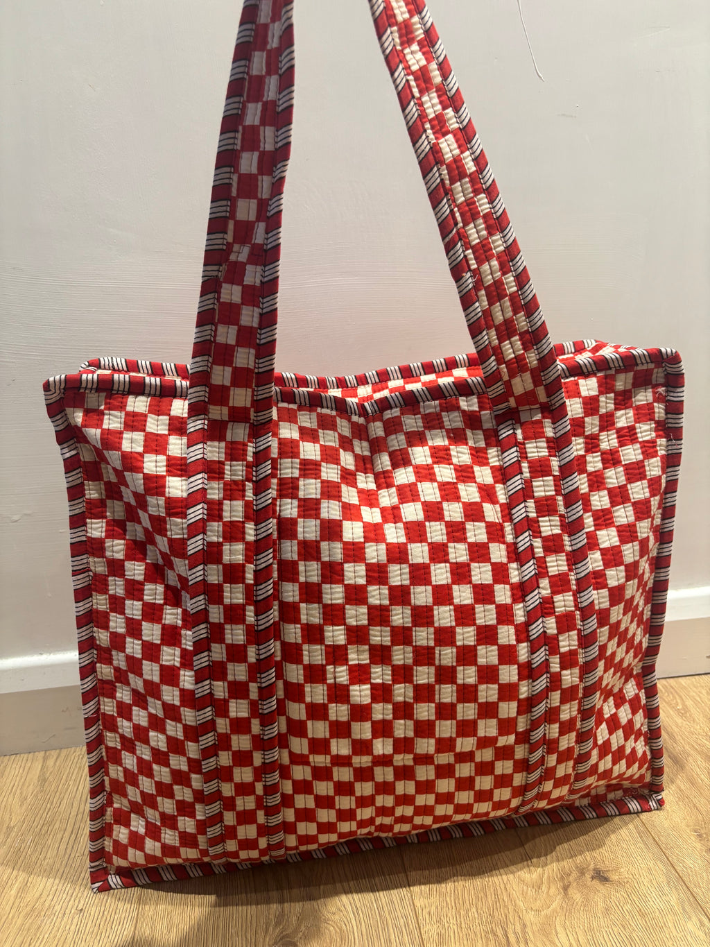 Red and white gingham large tote bag