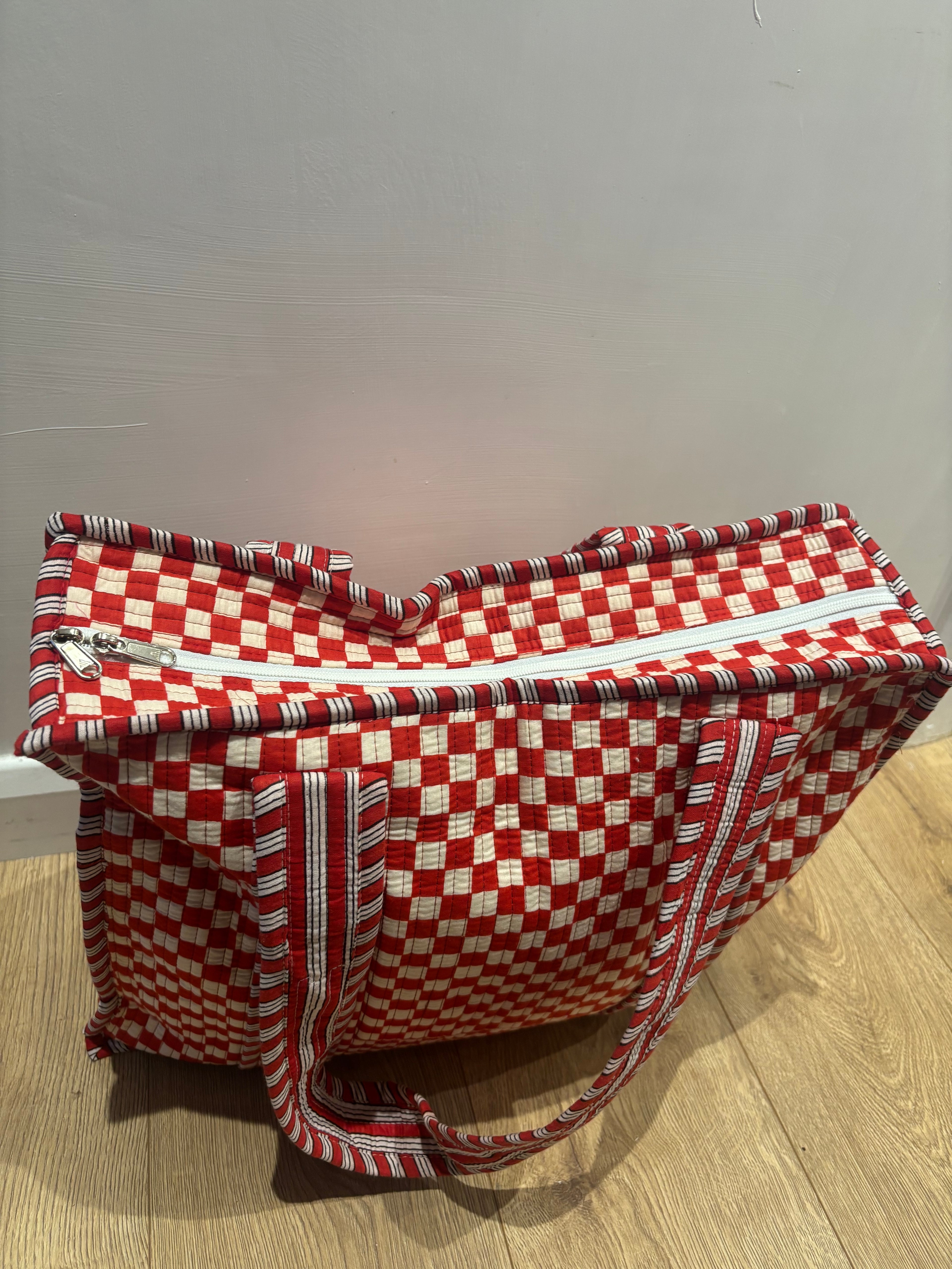 Red and white gingham large tote bag