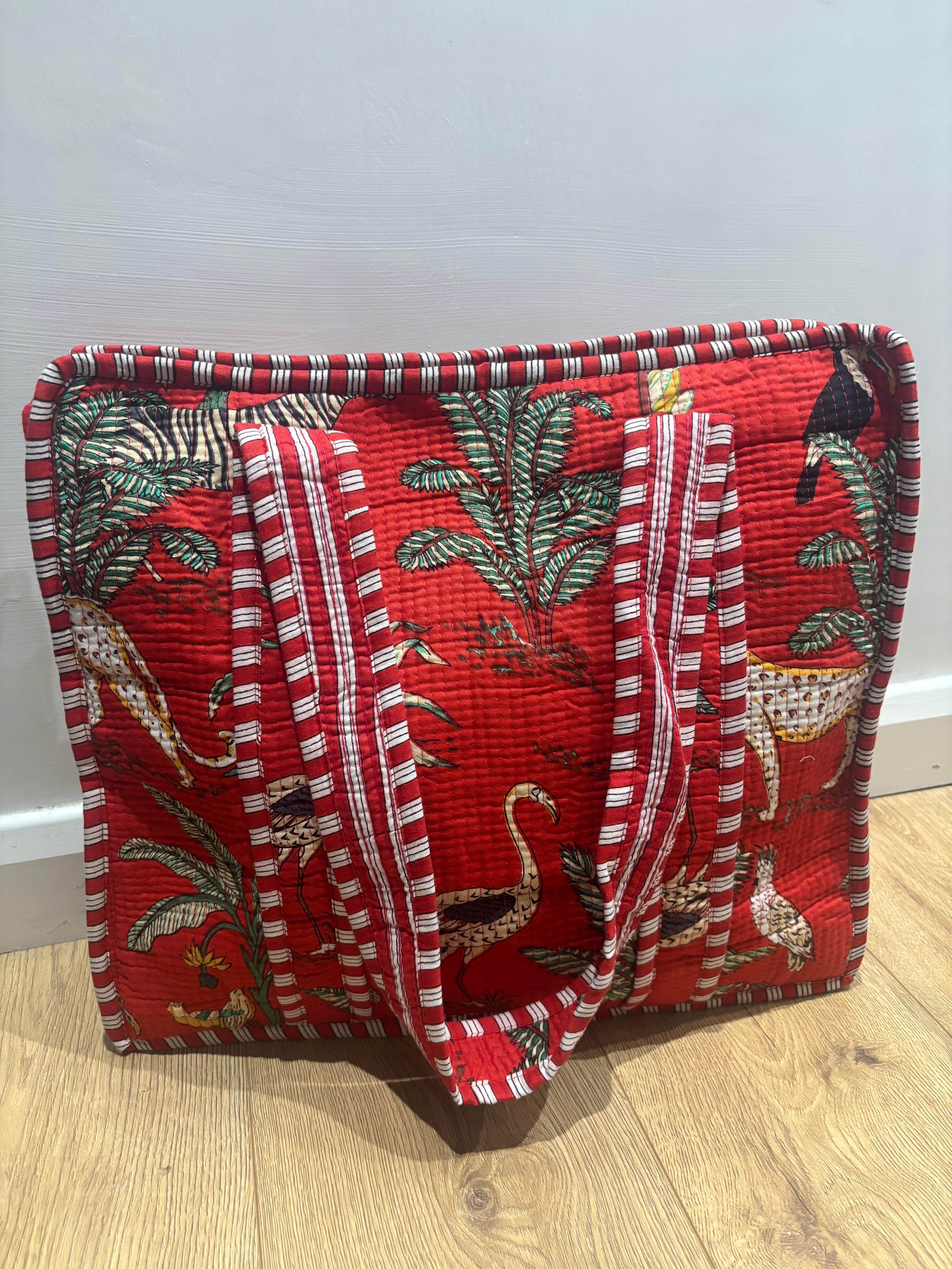 Red tropical large tote bag